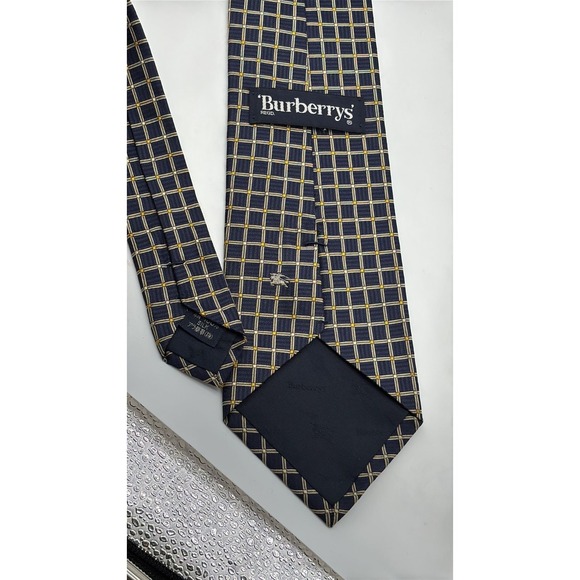 Burberrys Mens Silk Tie Navy Blue Gold Grid Check Prorsum Knight Logo Vintage - Picture 4 of 4